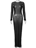 Amozae-Sexy Women Hollow Out Bandage Black Mesh Dress 2024 O-neck Long Sleeve Bodycon Lace-up See-through Party Night Club Dresses