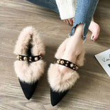 Amozae-Trendy Fur Shoes Women's Autumn/winter Outerwear  New Style Versatile Pointed Mid Heel Coarse Heel Shoe Hopping Bean Shoes