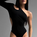 Amozae One Shoulder Cut Out Women Bodysuit Sexy Backless Fashion Chic Fall Rompers Party Rave Outfits Lady Bodysuit Tops