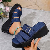 Amozae-Blue Denim Chunky Platform Slippers Women Fashion Buckle Wedge Heels Sandals Woman Summer Comfort Thick Bottom Outdoor Slippers