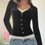 Amozae Y2K Contrast Lace Slim Top Autumn Cute Long Sleeve Buttons T-shirt Knitted Casual Outfits Sweet Korean Tee Streetwear