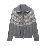 Amozae-Autumn Casual Outfits Amozae-Jacquard Double Collar Knitted Sweater, Zipper, Fel Island, Loose Sweater