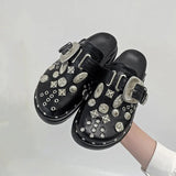 Amozae Summer Women Slippers Platform Rivets Punk Rock Leather Mules Creative Metal Fittings Casual Party Shoes Female Outdoor 0823