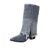 Amozae-Denim Women Western Cowgirl Boots Fashion Slip On Square High Heel Shoes Autumn Winter Women's Knight Booties