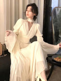 Amozae-Christmas Outfit New Year's Eve Dress party look inspos French Pleated Long Sleeve Dresses for Women 2024 Elegant V Neck Flare Sleeve Ruffles Midi Vestiods Mujer Autumn Vintage Clothes