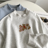 Amozae-Autumn Casual Outfits Amozae-Mock Neck Cartoon Embroidered Bear Sweatshirt Long Sleeved Women 2024 Loose Casual Top