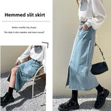 Amozae-Grey Side Slit Denim Skirt For Women Mid Length Spring 2024 New Style Sensibility Nichedenim Skirt Fashionable Female Clothing