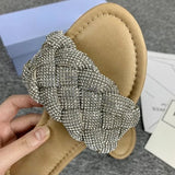AMOZAE-- Flat Heel Slides with Shiny Rhinestones