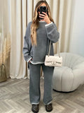 Amozae Casual Knitwear 2 Piece-Set Straight Legg Trousers Ladies Contrast Sweater Long Sleeve Pullover Outfits Women's Pants Sets