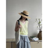 Amozae-Spring Summer Casual Outfits Fake Two-piece Knit Tank Tops For Women, 25 Summer V-neck Shoulder Top