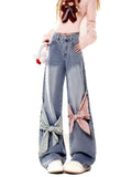 Amozae-New American retro gothic checkered patchwork women jeans with bow tie and loose bandwidth Y2k streetwear wide leg pants