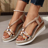 Amozae-Fashion Floral Print Wedge Sandals for Women Summer 2025 Bohemian Style Braided Platform Sandals Woman Comfortable Beach Shoes