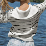 Amozae Women Casual Striped Sweater Turndown Collar Zipper Knitted Long Sleeve Jumper Fashion Ladies Minimalism Knitwear Top