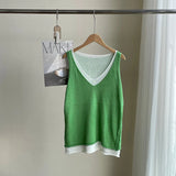 Amozae-Spring Summer Casual Outfits Fake Two-piece Knit Tank Tops For Women, 25 Summer V-neck Shoulder Top