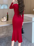 Amozae-Christmas Outfit New Year's Eve Dress party look inspos Fashion Women Elegant Bodycon Slim Midi Dress Vintage Sexy Casual Lace-up Prom Party Dresses Chic Solid Female Vestidos Mujers