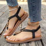 Amozae-Bohemian Style Women's Beaded Flat Sandals Casual Clip Toe Soft Sole Beach Shoes Woman Lightweight Elastic Band Summer Sandals