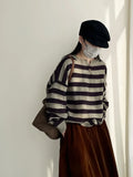 Amozae-Autumn Casual Outfits Amozae-Striped Oversized Button Neck Sweater Fall Winter Casual Women Knit Pullovers