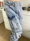 Amozae-Cargo Jeans Multiple Pocket Design New Ladies American Street Style Baggy Cargo Pants Women Blue Wide Leg Jeans For Women