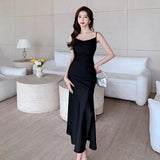 Amozae-Christmas Party Dresses Elegant Party Black Satin Midi Dresses for Women 2024 Summer New Sexy Fashion Bodycon Sleeveless Split Strap Female Clothing