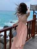 Amozae-Christmas Party Dresses Summer New Fashion Women Sexy Pleated  Boho Long Dress Vacation Beach Strap A line Ladies Robe 2024 Sundress