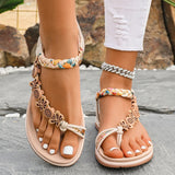 Amozae-Bohemian String Beaded Flat Sandals for Women Summer Fashion Floral Printed Beach Shoes Woman Elastic Band Braided Roman Sandals