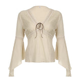 Amozae Elegant Beige Women Top Cotton V Neck Flare Sleeve Loose Fit Aesthetic Tee Shirt Vintage Chic Back Lace Up Pullovers