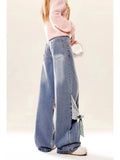 Amozae-New American retro gothic checkered patchwork women jeans with bow tie and loose bandwidth Y2k streetwear wide leg pants