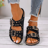 Amozae-2024 Hot Sale Shoes Female Open Toe Women's Slippers Summer Rivet Buckle Solid Flat Casual Beach Large Size Comfortable Slippers