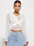 Amozae- White See-Through Mesh Crop top T-shirt For Women Twist Patchwork Long Sleeve High Waist Y2k Top Fashion Ladies Solid Tee