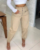 Amozae-Button Pockets Solid Color Pencil Pants Women's High Waist Khaki Casual Trousers 2024 Summer New Fashion Streetwear Long Pants