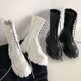 Amozae- Amozae  New Mid Calf Boots Women Autumn Winter Fashion Lace-Up Zipper Botas Mujer Boots Sports Platform Heel Ladies Shoes