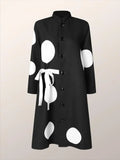 Amozae-Fashion Fall Clothes 2024 Women Jacket Long Sleeves Loose Asymmetric Buttoned Polka-Dot Tied Mock Neck Midi Dresses Outerwear