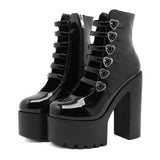 Amozae- Block Heels Pumps for Women Fashion Multi Buckle Strap Heart Design Dress Shoes Side Zipper High Heels Mary Jane Shoes