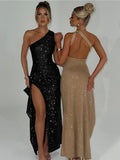 Amozae-Elegant 2024 One Shoulder Backless High Slit Long Evening Dresses for Women Sexy Diagonal Collar Slim Tunics Shiny Party Dress