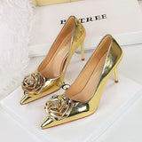 BIGTREE Fashion Patent Leather Flowers Women Pumps Sexy Pointed Toe Metal Decoration Thin Heels Wedding Elegant Party Shoes