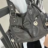 Amozae-Fall Outfits Streetwear y2k 90s Fashion Gothic  Y2k Vintage Shoulder Bag for Women Large Capacity Gothic Soft Pu Leather Motorcycle Handbag Casual Gray Mens Armpit Bag