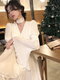 Amozae-Christmas Outfit New Year's Eve Dress party look inspos French Pleated Long Sleeve Dresses for Women 2024 Elegant V Neck Flare Sleeve Ruffles Midi Vestiods Mujer Autumn Vintage Clothes