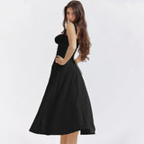 Amozae Summer Elegant Lace Up Black Dress Long A Line Midi Party Dress Casual Double Layer Women Dress 2024 New Arrivals