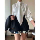 Amozae-2024 New Arrival Fashion Long Sleeves Loose Solid Color High-Neck Blouses&Shirts Tops Black White Polyester Coat