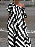 Amozae-Floor Length Loose Dress for Women Black and White Cold Shoulder Puff Sleeve Maxi Dress Spliced Pleated Striped Dress