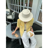 Amozae-Spring Summer Casual Outfits Pink Yello Short Sleeve Tweed Jacket With Dual Pocket For Summer Spring
