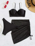 Amozae-Sexy Bikinis Set Women Swimwear  2024 Three Piece Swimsuit With Skirt Push Up Biquinis Female Black Summer Beachwear Faux Pearl