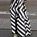 Amozae-Floor Length Loose Dress for Women Black and White Cold Shoulder Puff Sleeve Maxi Dress Spliced Pleated Striped Dress