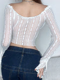 Amozae-Y2k Lace Frill See-through Crop Tops for Women Summer Off Shoulder Long Sleeve Slim Ruched Tee Shirts Blouse Clubwear Streetwear