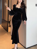 Amozae-Christmas Outfit New Year's Eve Dress party look inspos Women's Black Velvet Mermaid Dress Autumn New Slim Square Collar Lantern Sleeve Party Vestidos Elegant Female Evening Prom Robe