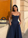 Amozae Elegant Spaghetti Strap Midi Dress Slim A Line Party Dresses Navy Blue Casual Birthday Holiday Dress Women's clothing