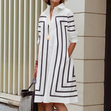 Amozae-Women Autumn Shirt Dress Cotton-Blended Loose Striped H-line Lapel 2024 New Office Ladies Long Sleeve Midi Dresses