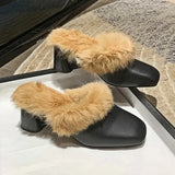 Amozae-Muller Half Slippers Mule Shoes with Fur Thick Heeled Square Head 2023New Autumn Winter Fashion Half Slipper Fur Women Shoes