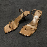 Amozae-2024 New Genuine Leather Retro Square Toe Pinch Sandals Fashion High Heel Slippers Women Women's sandals