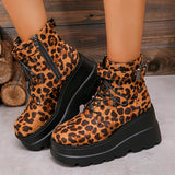 Amozae-Vintage Women Western Cowgirl Boots Fashion Leopard Print Shoes Autumn Winter Platform Wedges Heel Ladies Short Booties